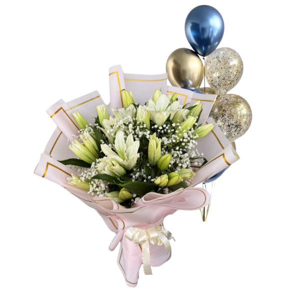 A bouquet of white tulips with a balloon view 1