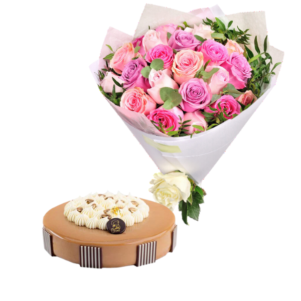Pink Rose Bouquet with White Wrap and Cake view 1