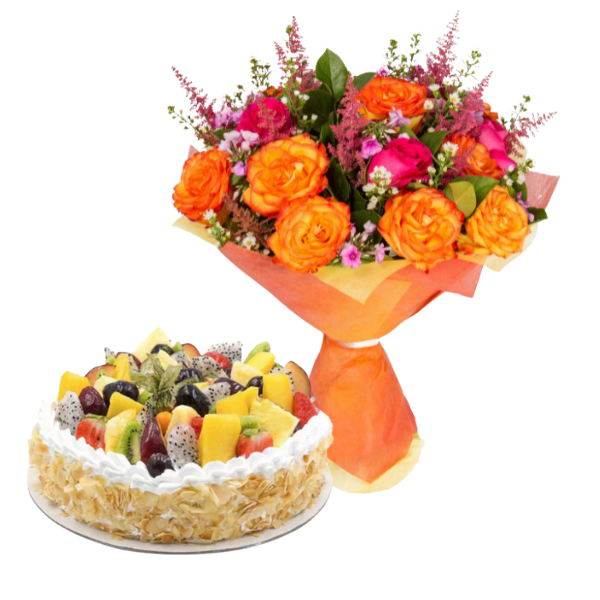 Orange and Pink Rose Bouquet and Cake view 1
