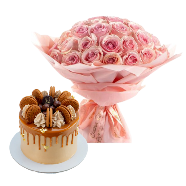 Peach Hand Bouquet Rose and Cake view 1