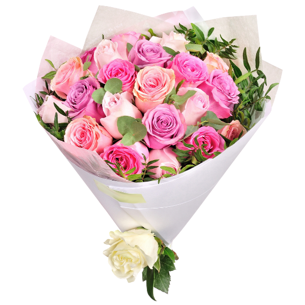 Pink Rose Bouquet with White Wrap and Cake view 4