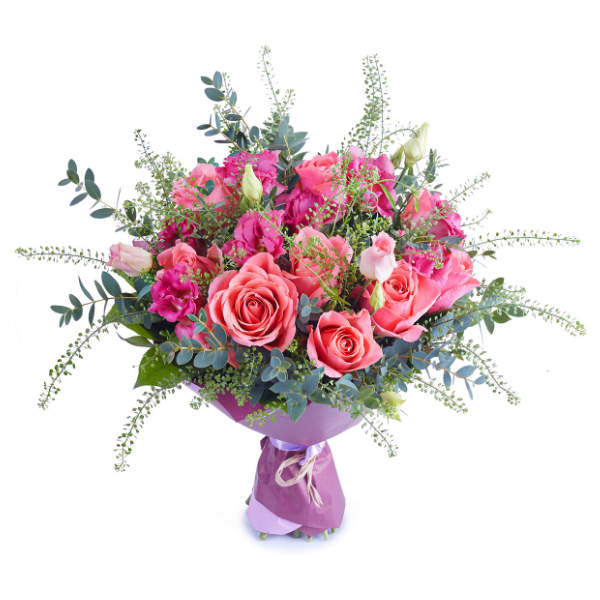 Pink Rose Bouquet with Purple Wrap and Cake view 4