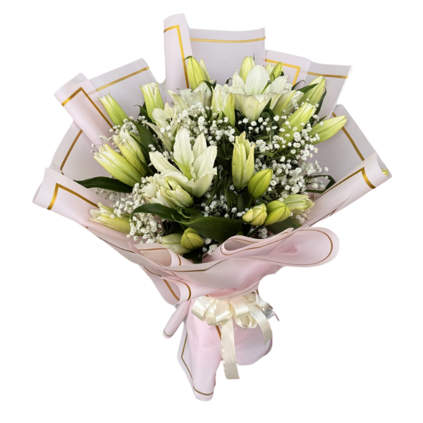 A bouquet of white tulips with a balloon view 4