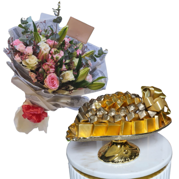 Chocolate tray5 WITH bouquet of white and pink roses view 1