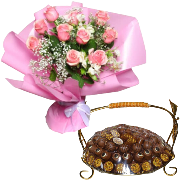 Pink rose bouquet WITH Chocolate basket 1 view 1