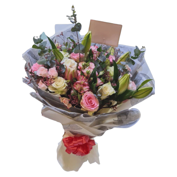 Chocolate tray5 WITH bouquet of white and pink roses view 5