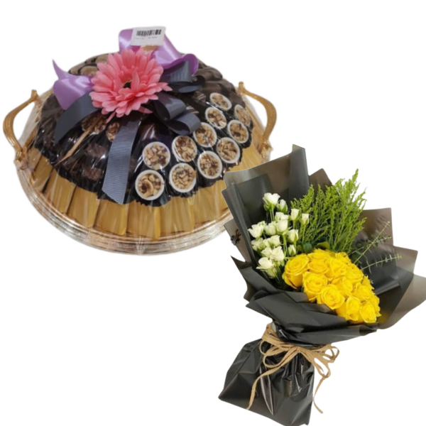tray chocolate mix 1 wih Yellow and white roses with decoration… view 1