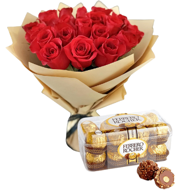 Red rose bouquet with chocolate box view 1