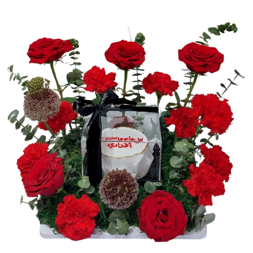A tray of red roses with cakes view 1