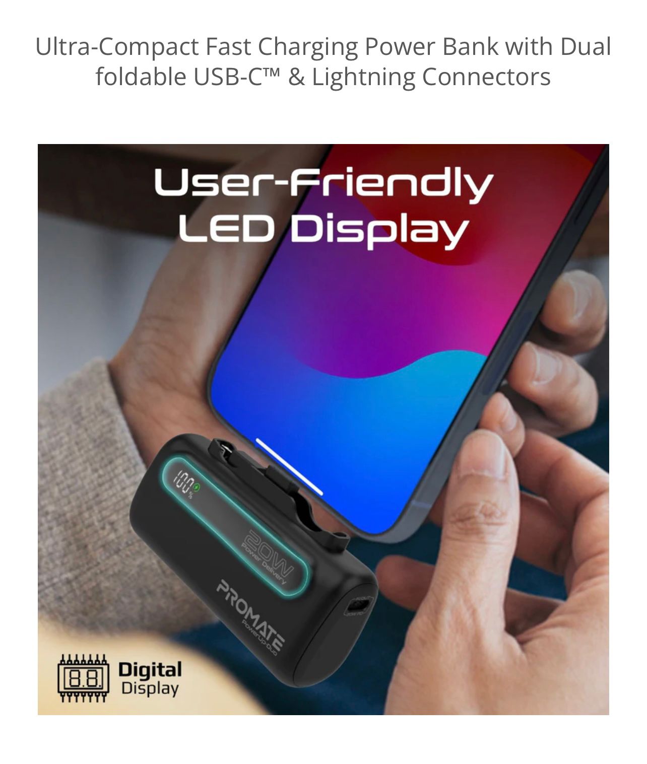 Promate PowerUp-Duo Ultra-Compact Fast Charging Power Bank with Dual foldable USB-C & Lightning Connectors, 5000mAh Battery Capacity, Rapid Charging 20W USB-C, PowerUp-Duo 2 view 4