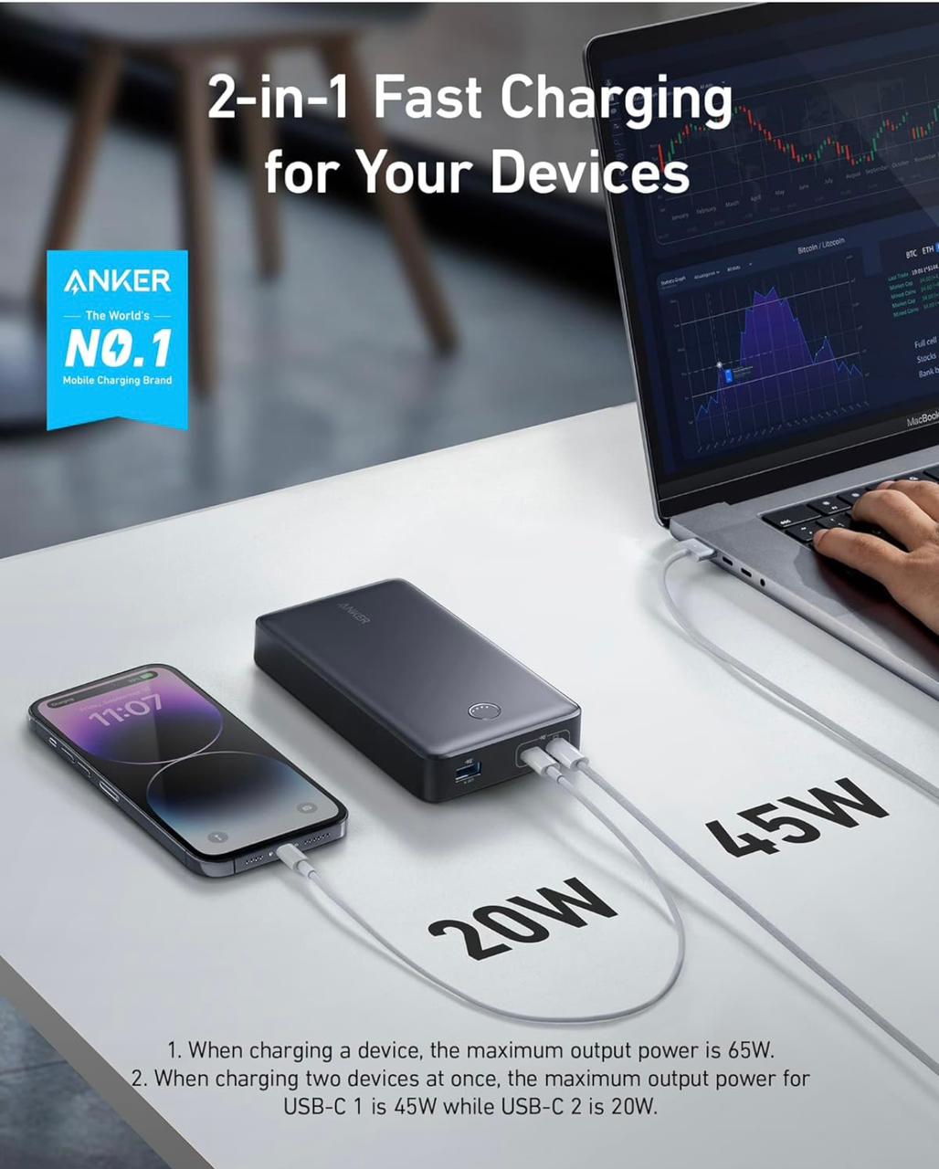 Anker 537 Power Bank (PowerCore 24K for Laptop) 65W Max Output and 30W Input with USB-C Fast-Charging, 24000mAh Works for iPhone, Samsung, MacBook, Dell, AirPods, and More view 4