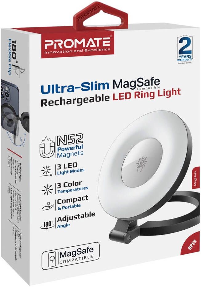 Promate Maghalo Ultra-Slim MagSafe Compatible Rechargeable LED Ring Light, Ultra Bright LED, MagSafe Compatible, 180° Flip, view 5