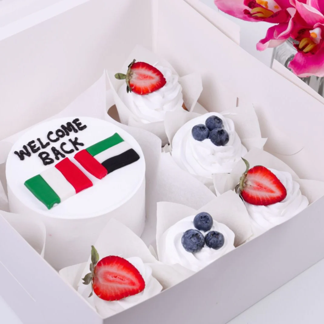 Welcome Back Bento Cake with 5 Matching Cup Cake view 1