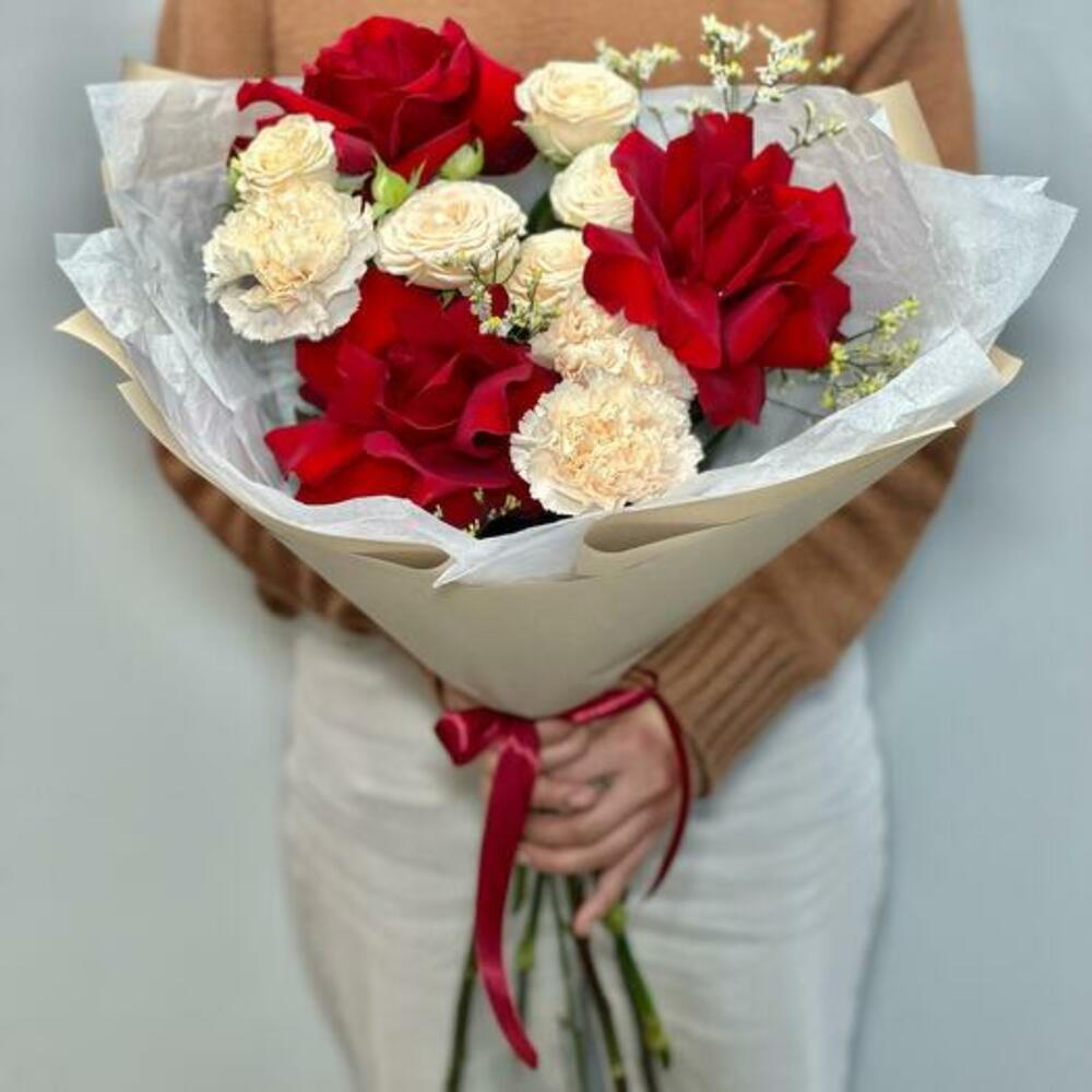 Romantic Bouquet of Red Roses and Cream Carnations view 6