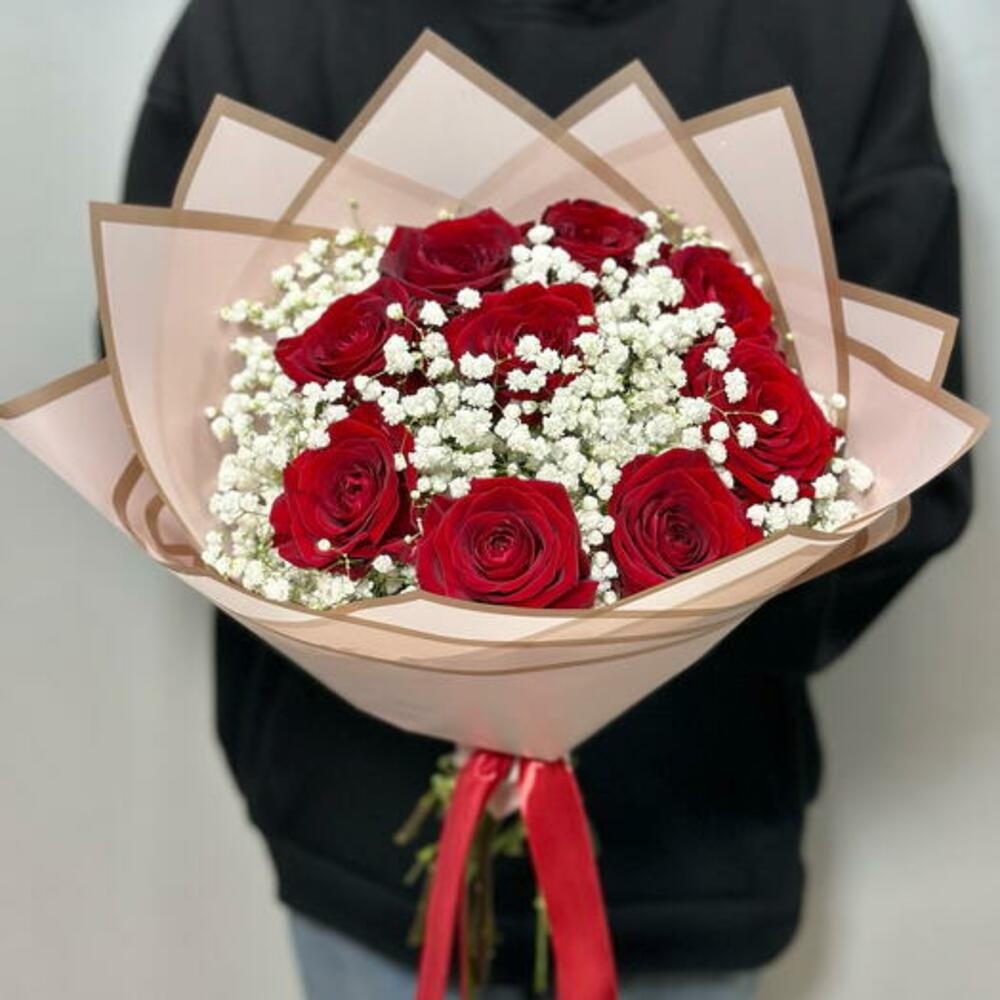 Red Roses with Gypsophila flowers view 6