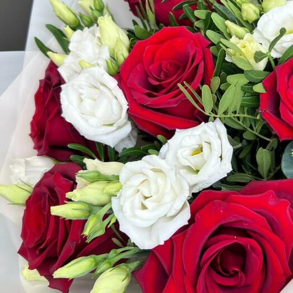 Red Roses and White Eustoma Flowers Bouquet view 6