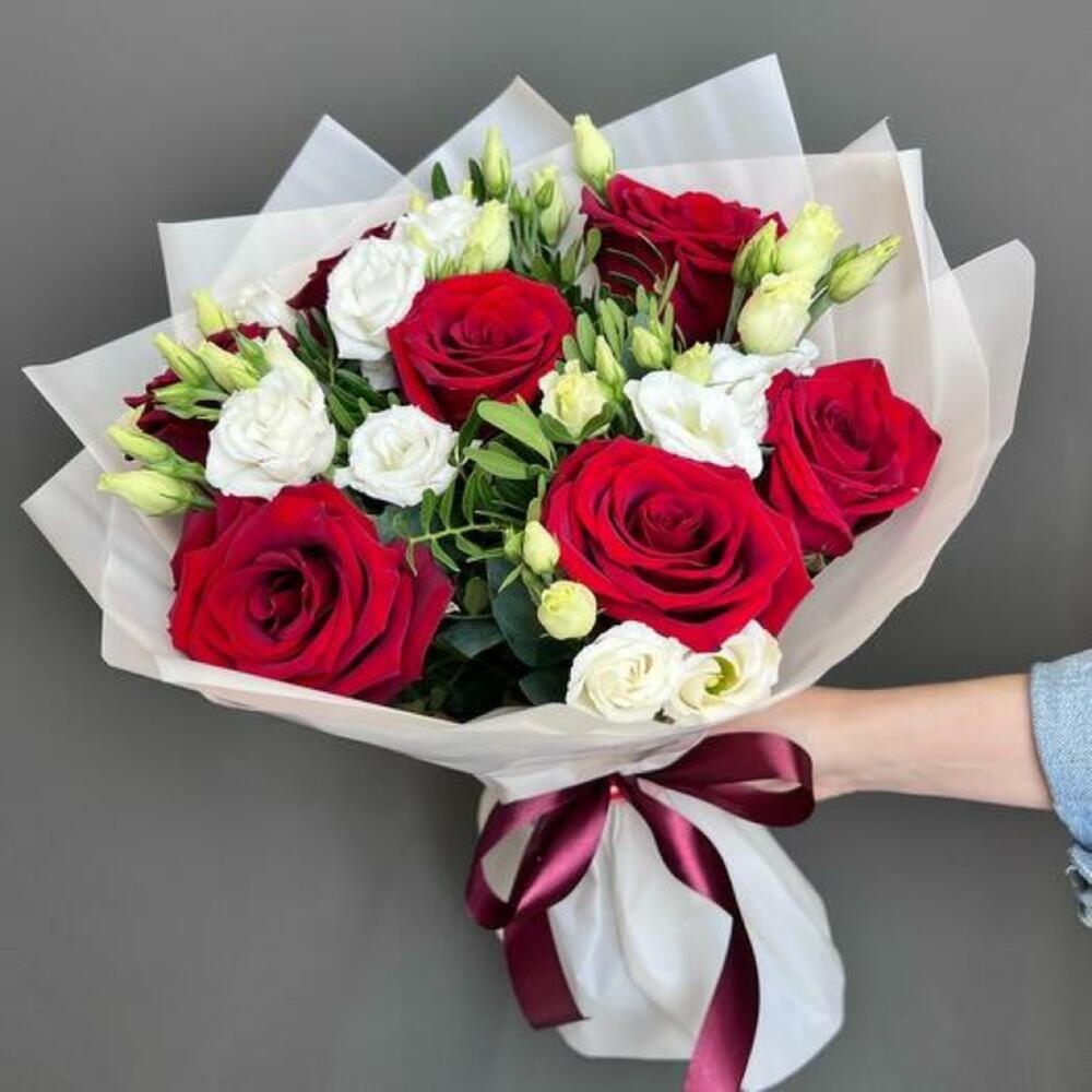 Red Roses and White Eustoma Flowers Bouquet view 7