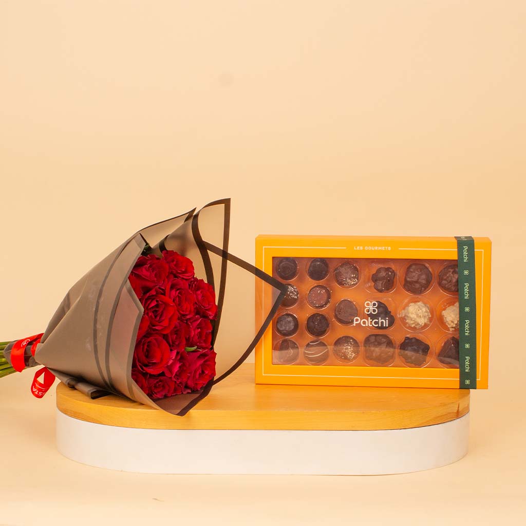 Patchi Les Gourmets 20 pcs & Red Roses Bouquet view 1