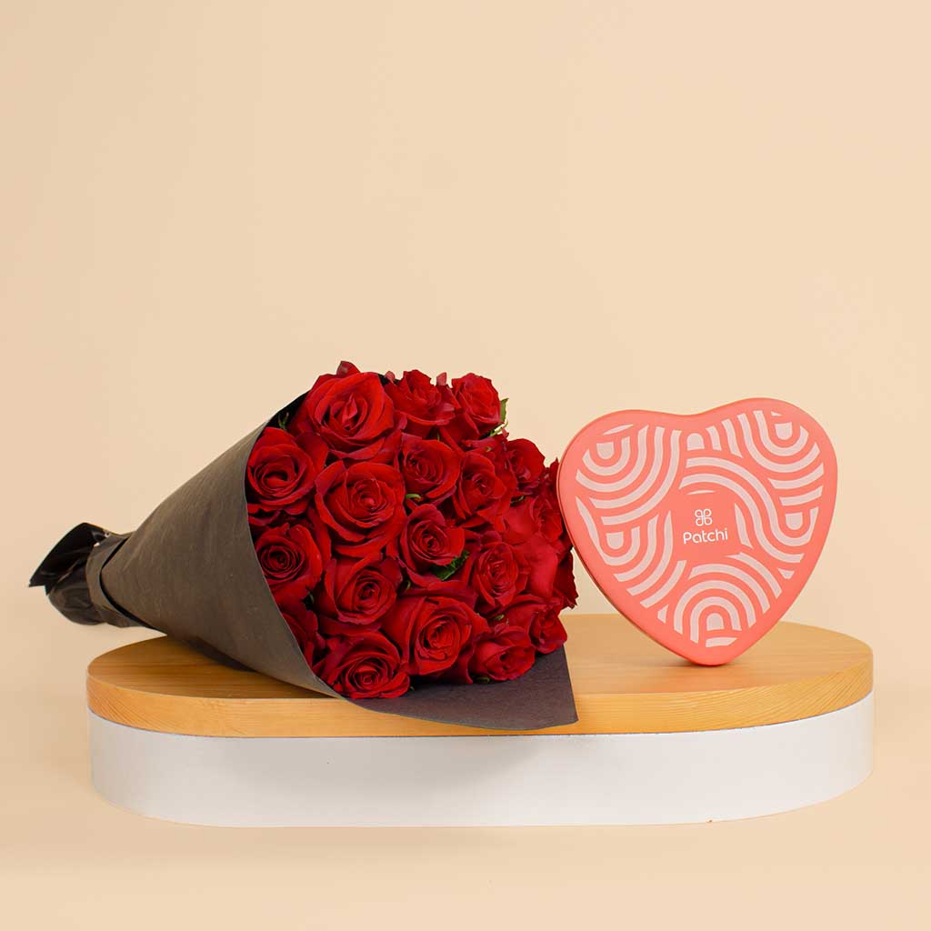 Patchi Tin Box of 22 Pieces | Romantic Hand Bouquet 20 Flowers view 1