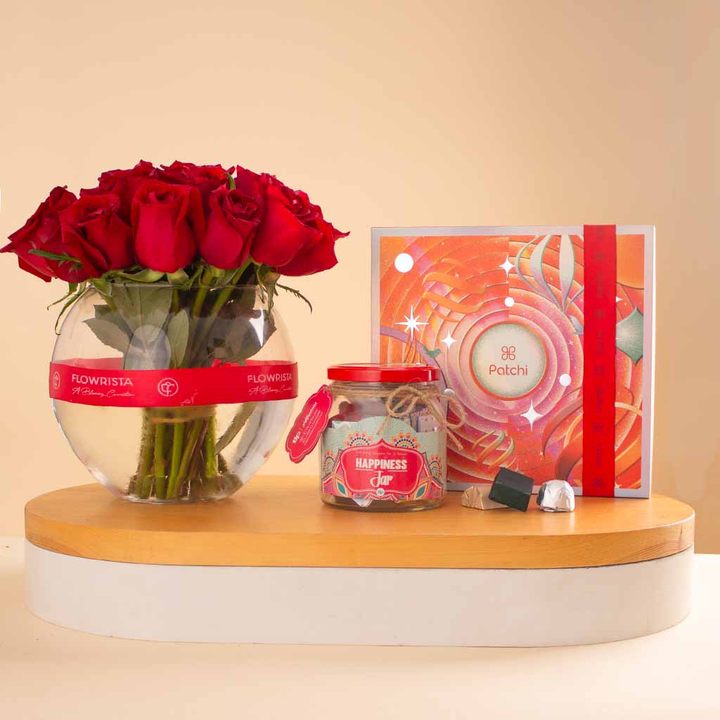 Happiness Jar, Patchi Joyful Moments & 15 Red Roses Vase view 1