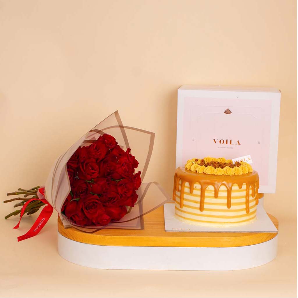 Voila Caramel Cake & Roses Bouquet view 1