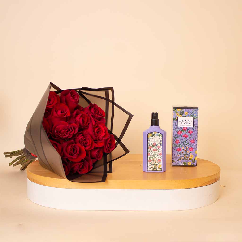 Gucci Flora Gorgeous Magnolia For Her EDP 100ml & 15 Red Roses Bouquet view 1