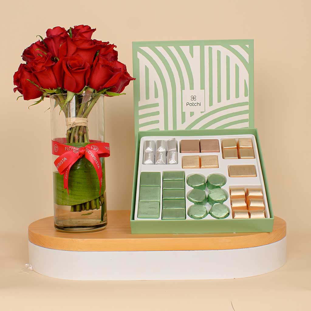 Patchi box containing 43 pieces, Le Création| 15 Red Rose Vase view 1