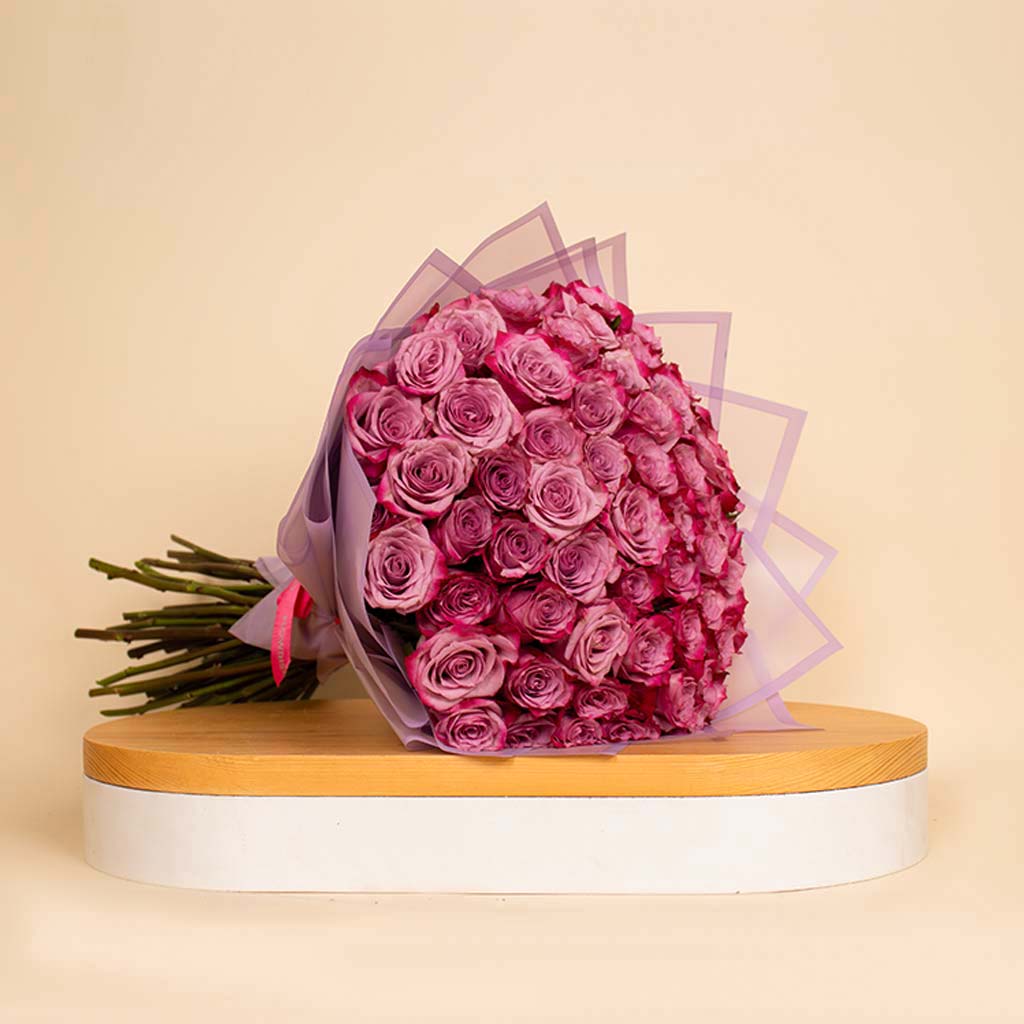 Deep purple 50 roses bouquet view 1