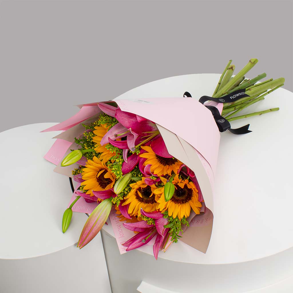 Sunflower & Lily Hand Bouquet - Bright & Cheerful Gift view 1