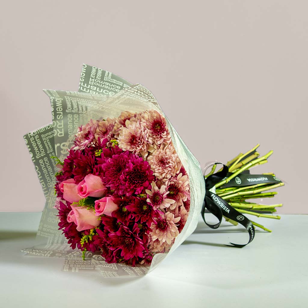 Hand Bouquet with Purple Chrysanthemums & Pink Roses view 1
