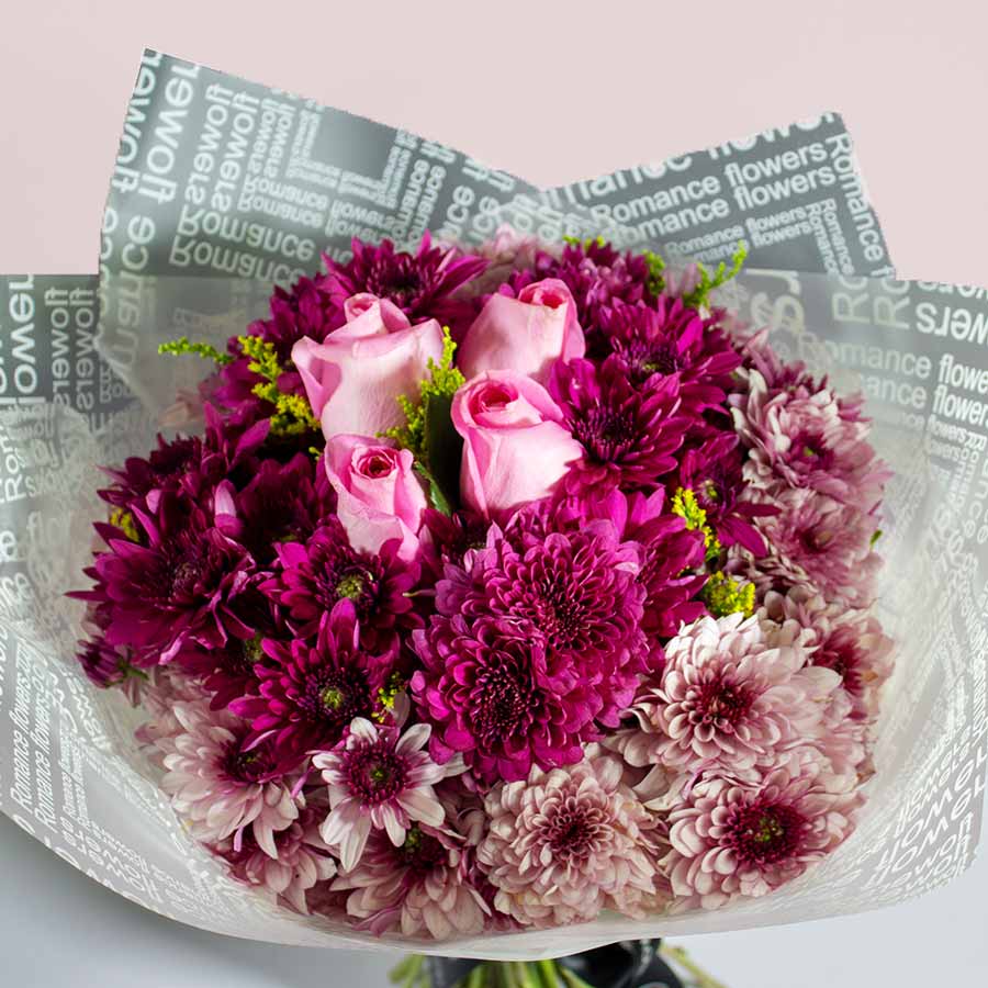 Hand Bouquet with Purple Chrysanthemums & Pink Roses view 4