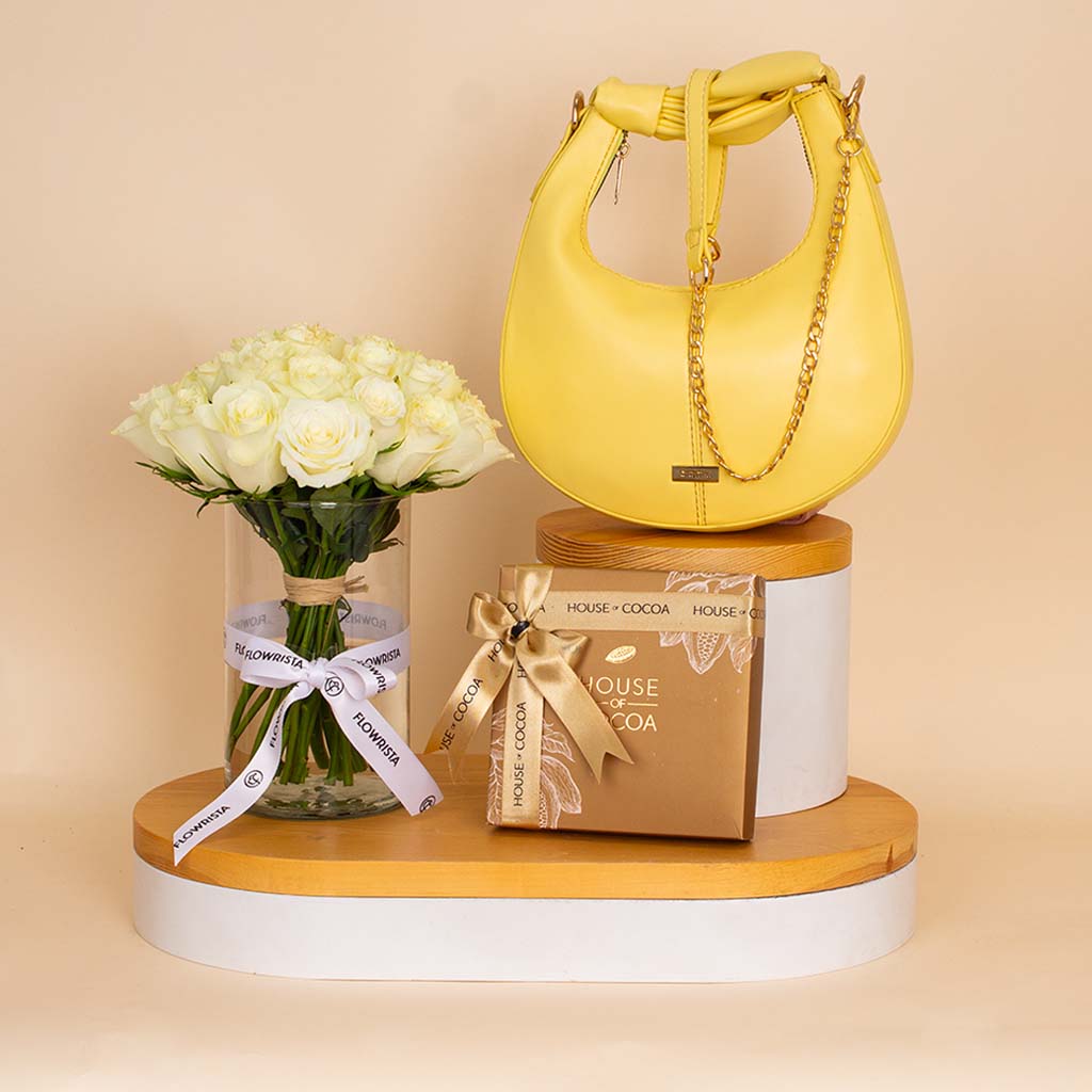 Alamki Bella Yellow Bag & White Roses Vase & House of Cocoa Chocolate Box view 1