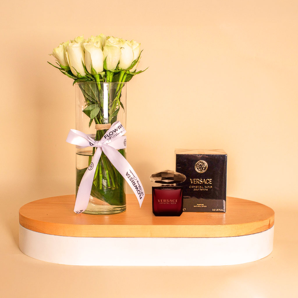 Versace Crystal Noir with White Roses Vase 15 Roses view 1