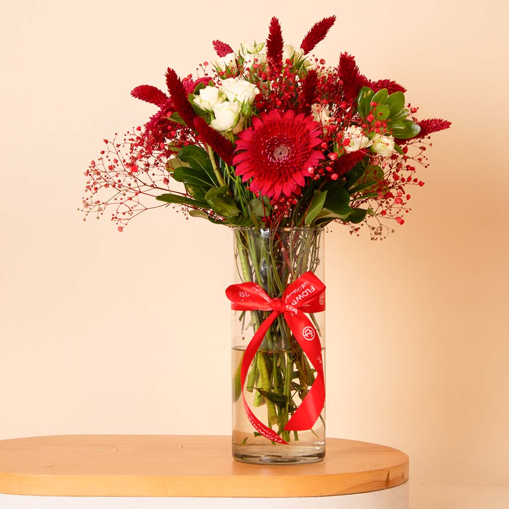 Red Gerbera & White Baby Roses Vase view 1
