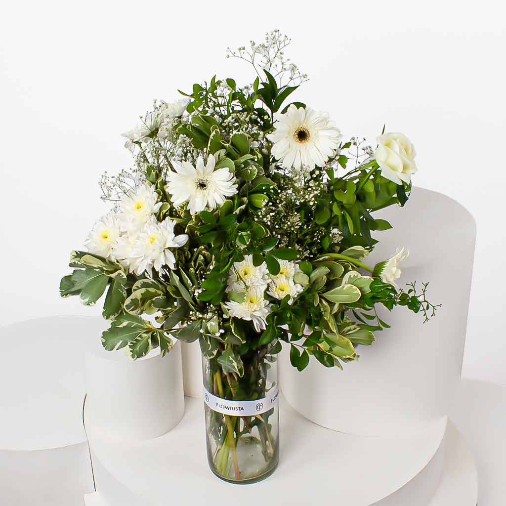 Whisper of White – Gerbera & Caranthantum Vase view 1