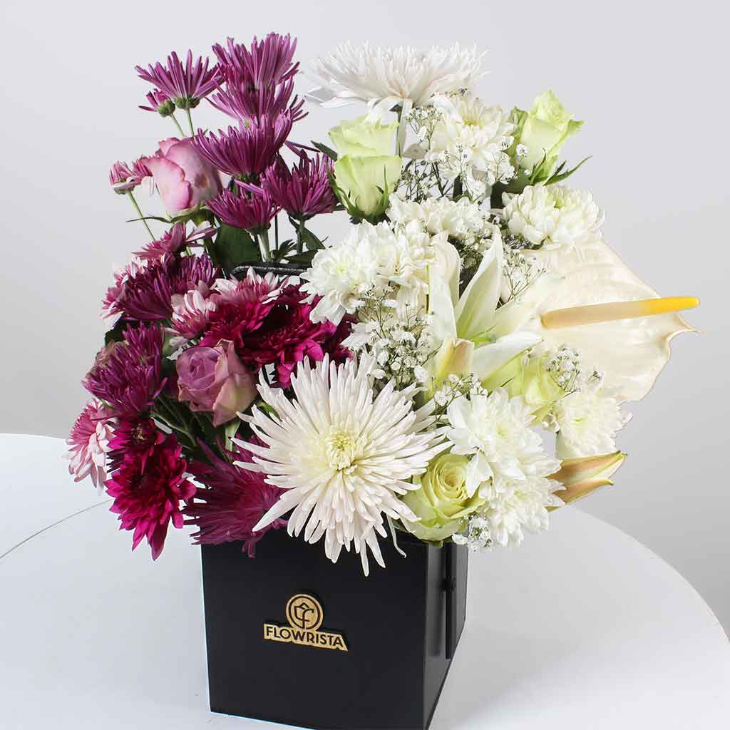 Pink and white flowers bouquet with eucalyptus N view 1
