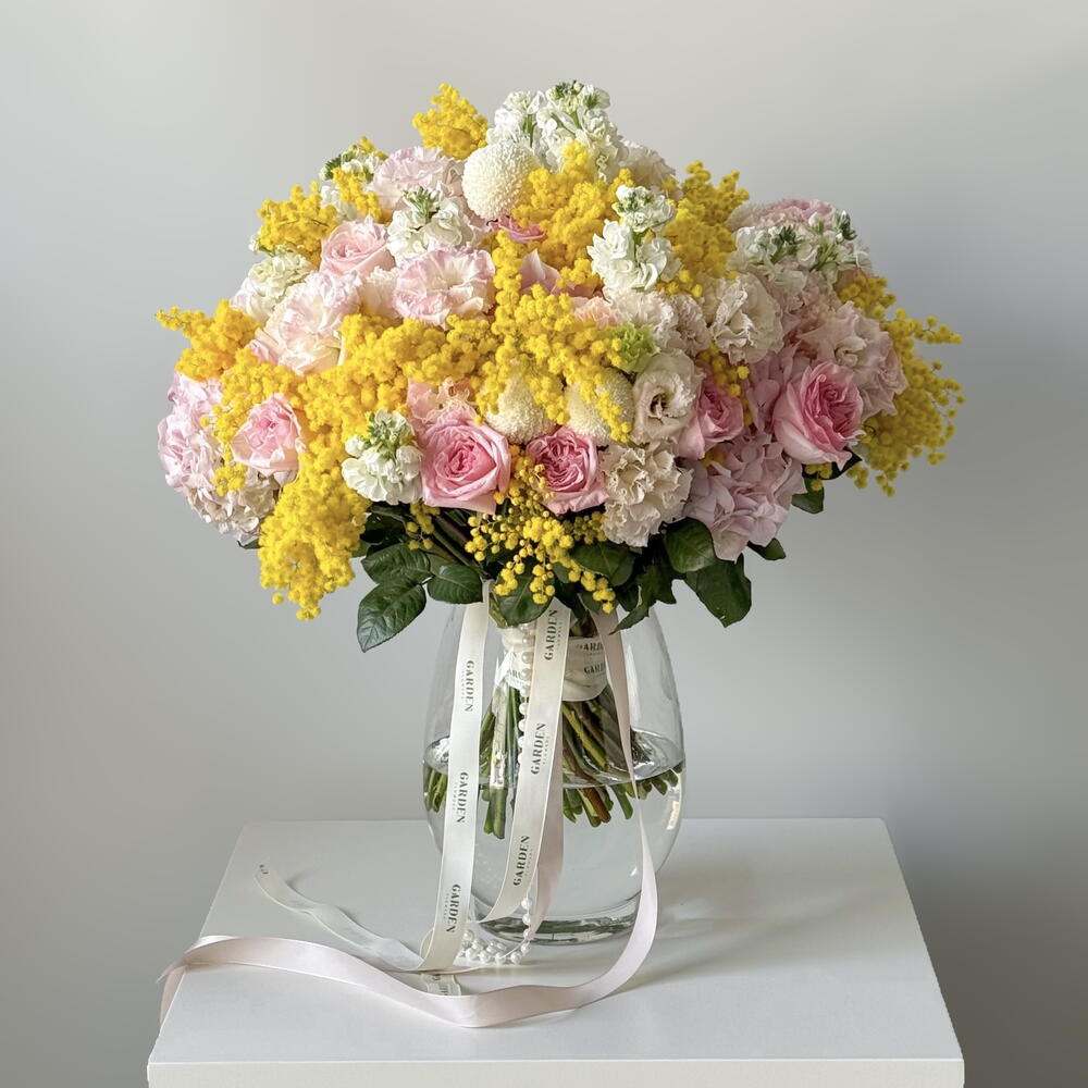 «Spring» bouquet (size L) — mimosa, hydrangea, Ohara rose view 1