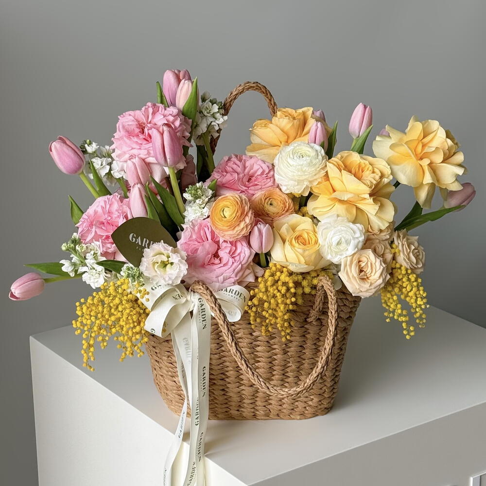 «Capri» basket (50*50 cm)— ranunculus, tulip, O hara rose, mimosa view 1