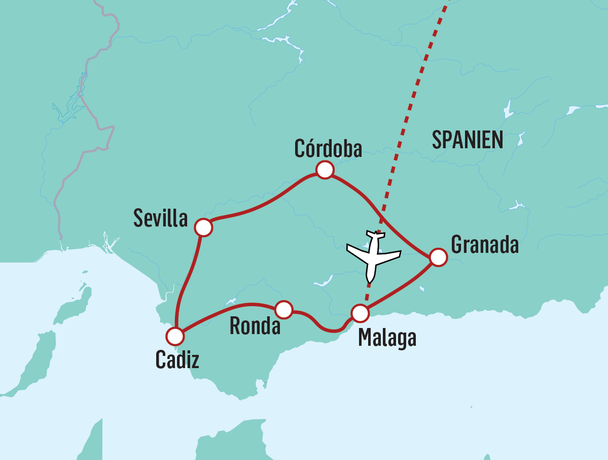 Kort over rundrejsen i Andalusien med NILLES REJSER