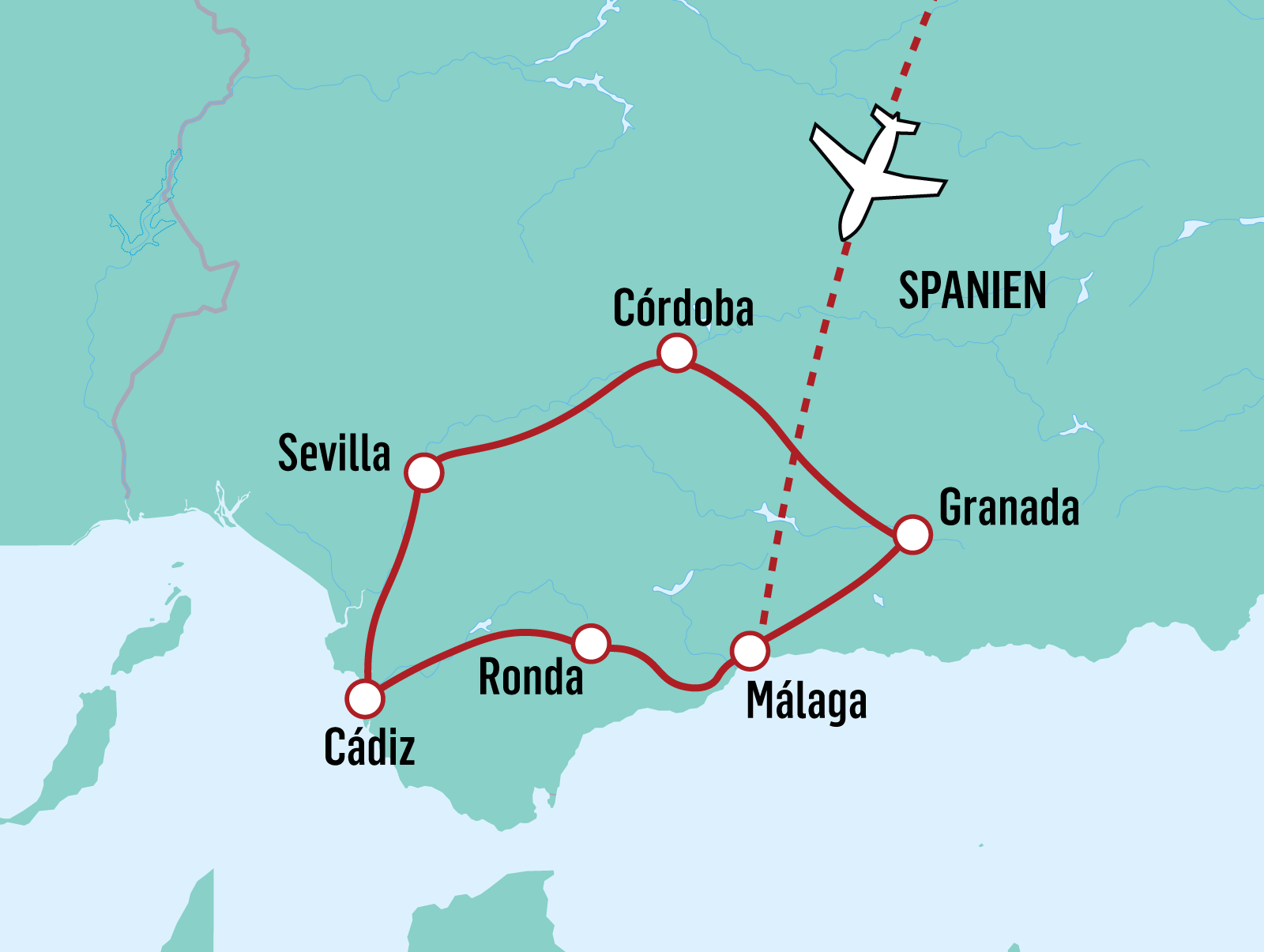 Kort over rundrejsen i Andalusien med NILLES REJSER