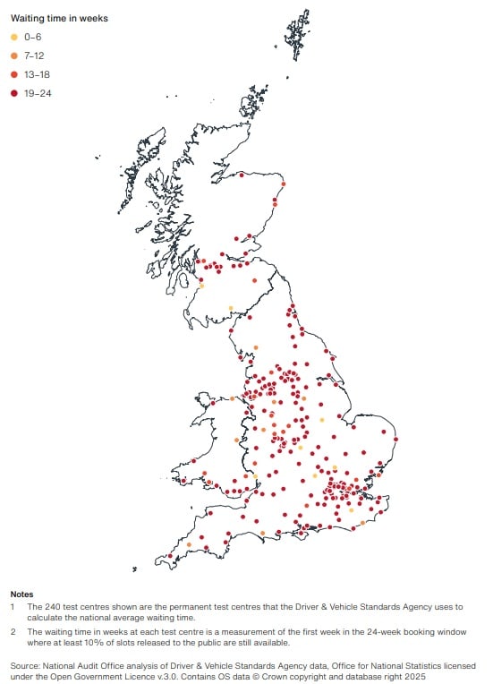 National Audit Office map showing driving test waiting times in September 2025