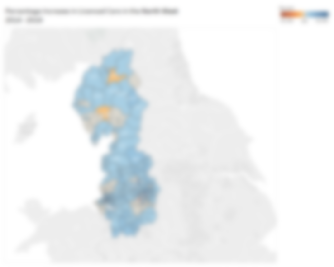 Heatmap showing the percentage change in licenced cars in the North West