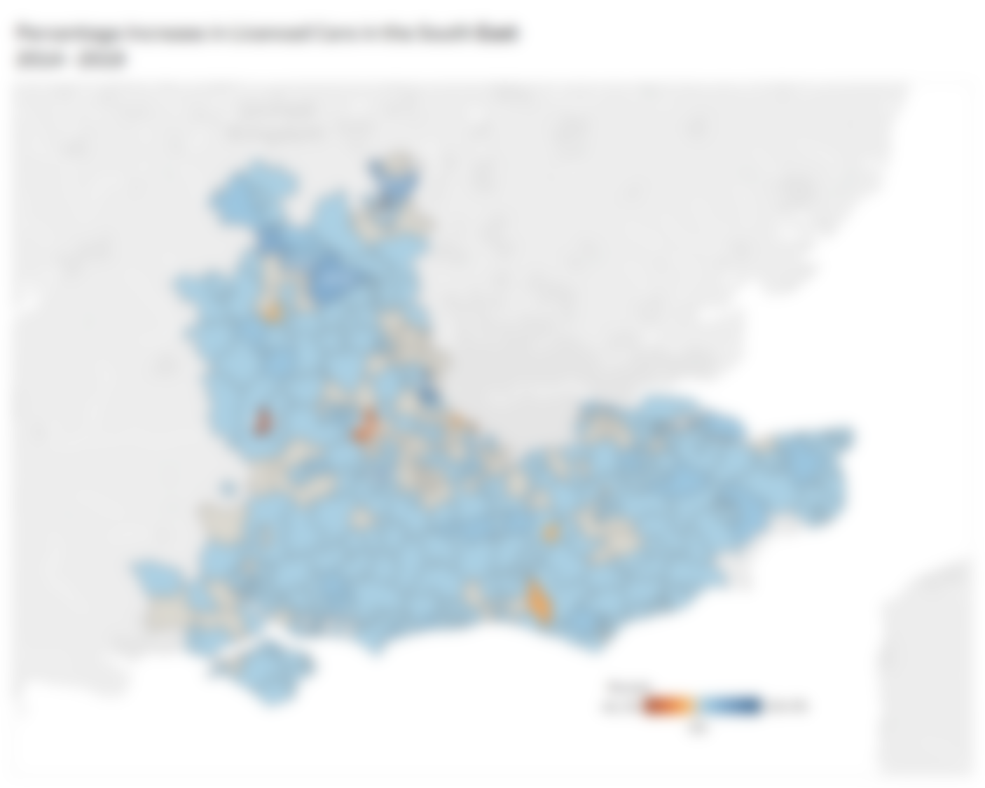 Heatmap showing the percentage change in licenced cars in the South East