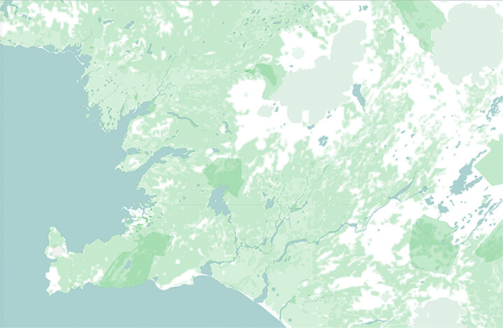 WIP version of Map of Iceland designed by Nimit Shah, showing landmass of Iceland in white, with landcover in different shades of green