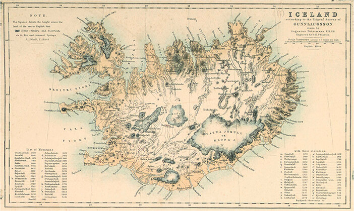 Vintage Map of Iceland from Gunnlaugsson's Surveys, drawn by Petermann and engraved by Swanston (1850)