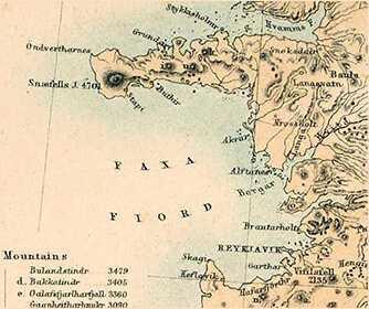 Zoomed to show Snæfellsjökull and Snæfellsnes Peninsula, A Vintage Map of Iceland from Gunnlaugsson's Surveys, drawn by Petermann and engraved by Swanston (1850)