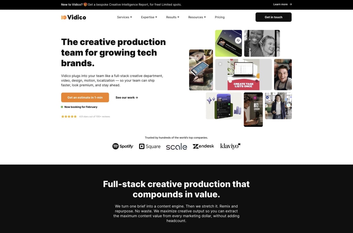 Vidico homepage: the creative production team for growing tech brands