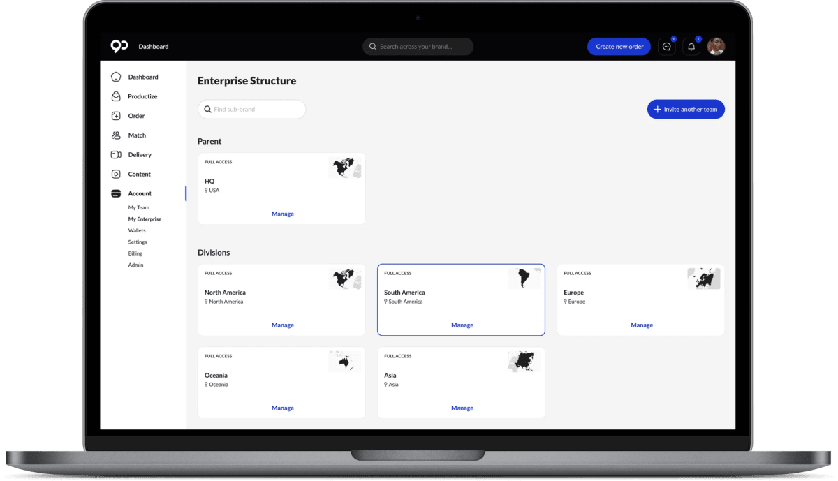 Enterprise Brand Account dashboard showing orders, budgets, and approvals in one place