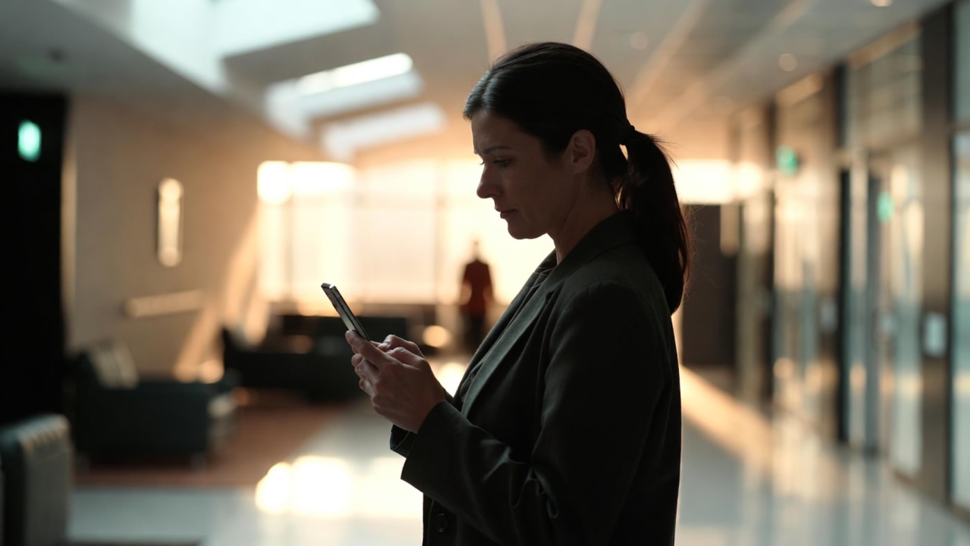 A woman reading her phone in an office
