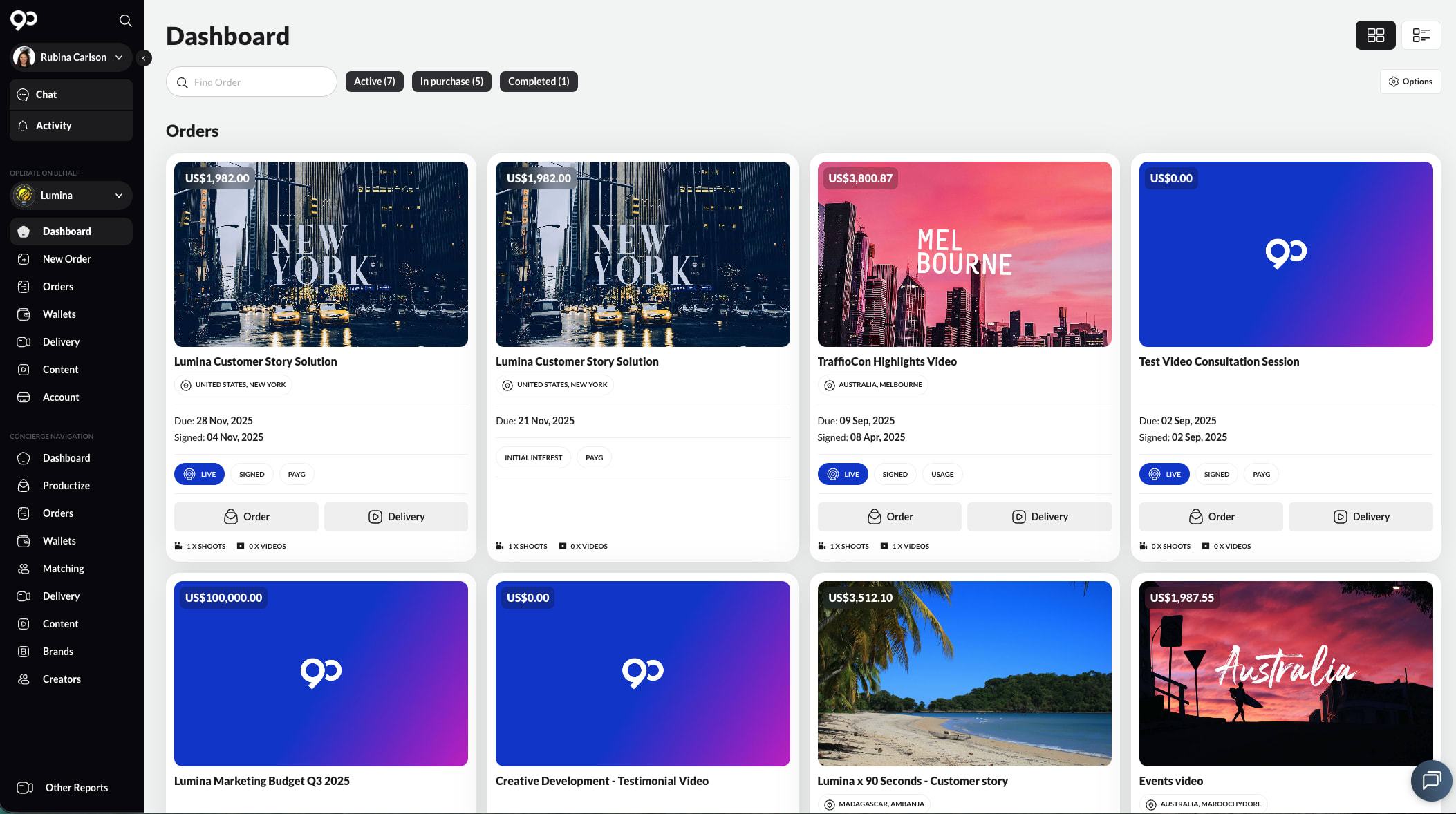 The 90 Seconds brand dashboard homepage showing orders in Active, In purchase and Completed status